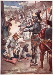 "Pegando sua espada, ele disse: Por favor, Deus, senhor, que na guerra você nunca pode fugir", ilustração de "A história da França contada para meninos e meninas", de Mary Macgregor, 1920